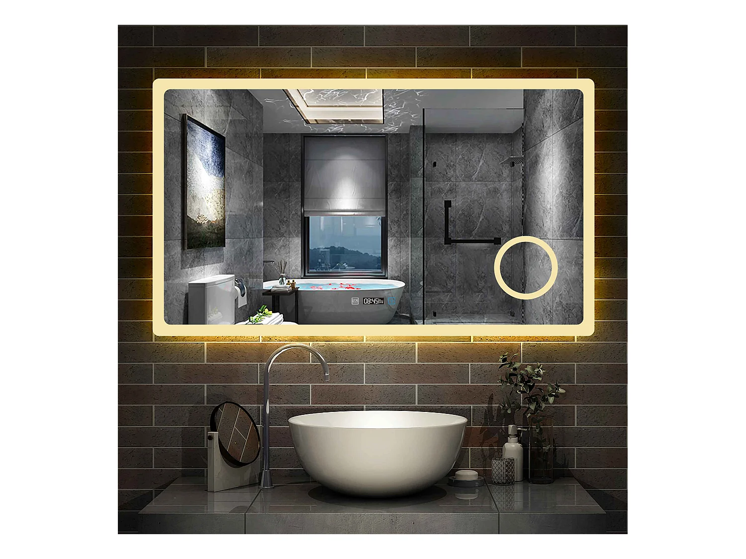 Miroir salle de bain 120x70cm avec 3 couleurs+dimmable+anti-buée+grossissant+Horloge Aica