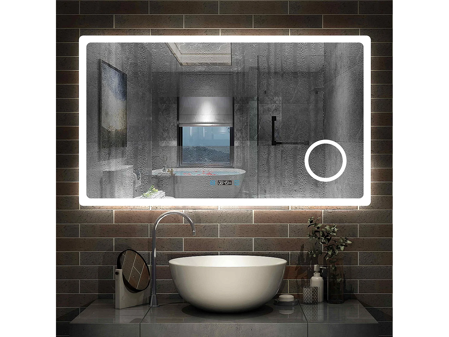 Miroir salle de bain 120x70cm avec 3 couleurs+dimmable+anti-buée+grossissant+Horloge Aica