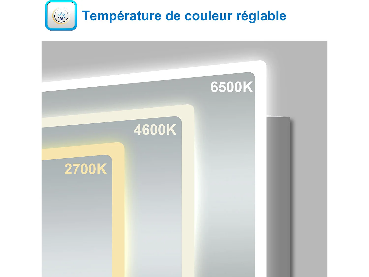 Miroir salle de bain 120x70cm avec 3 couleurs+dimmable+anti-buée+grossissant+Horloge Aica