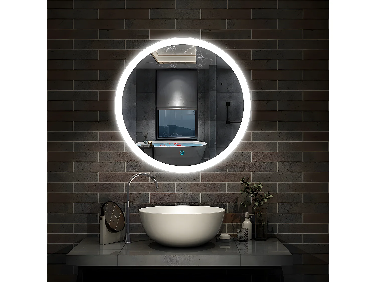 Miroir de Salle de Bain Rond Avec leds et Anti-buée Blanc Froid 60cm Aica