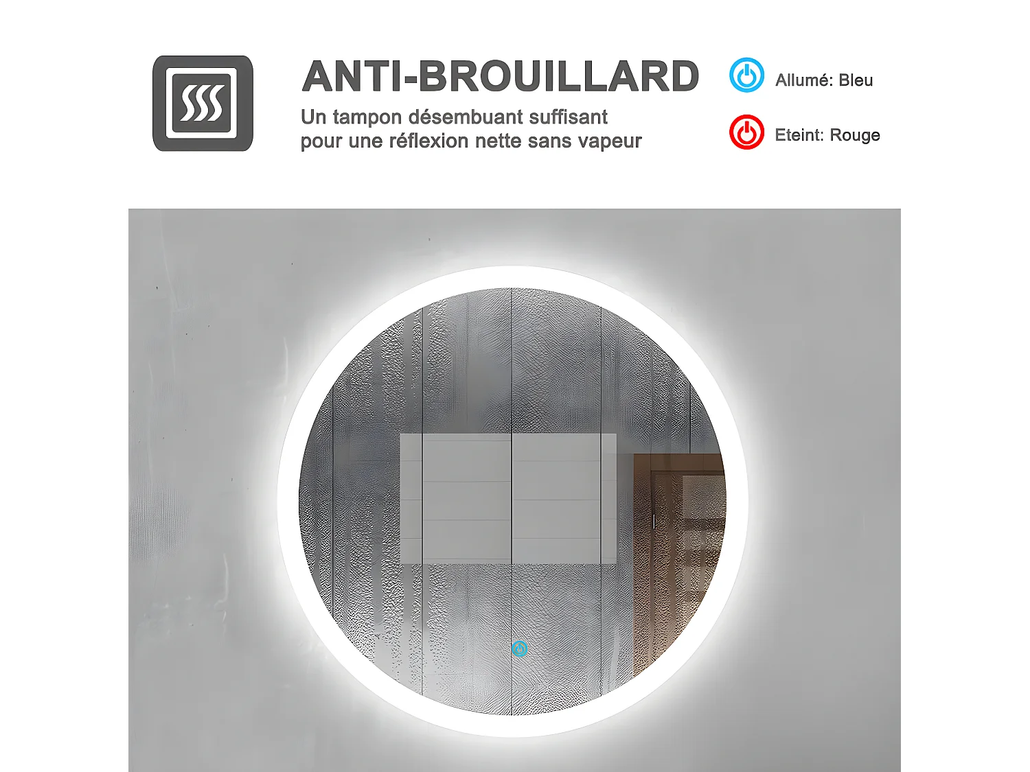 Miroir de Salle de Bain Rond Avec leds et Anti-buée Blanc Froid 60cm Aica
