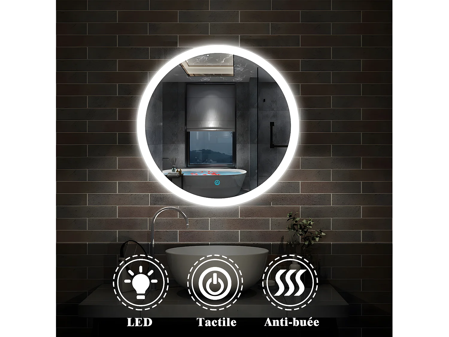 Miroir de Salle de Bain Rond Avec leds et Anti-buée Blanc Froid 60cm Aica