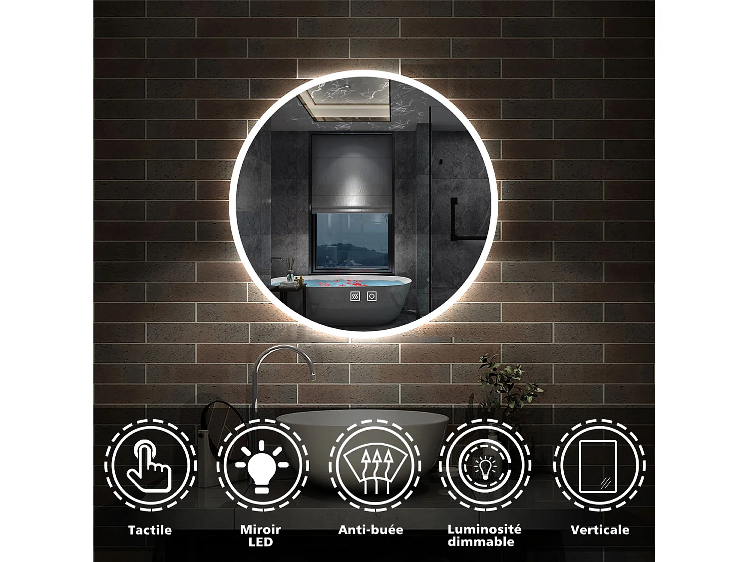 Miroir de Salle de Bain avec Anti-buée+3 couleurs LED avec Dimmable Rond ∅60cm Aica