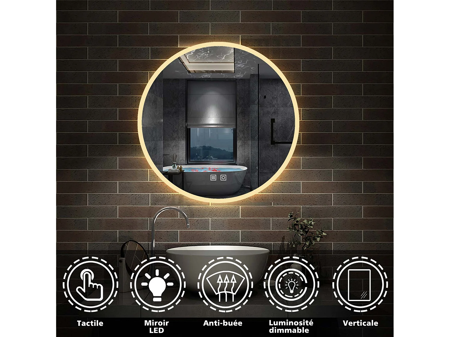 Miroir de Salle de Bain avec Anti-buée+3 couleurs LED avec Dimmable Rond ∅60cm Aica