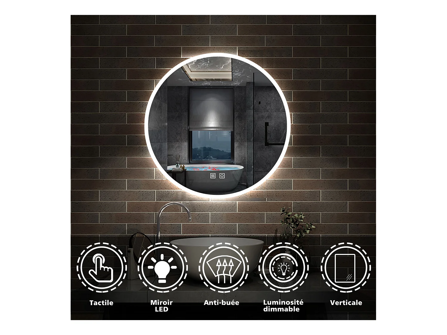 Miroir de Salle de Bain avec Anti-buée+3 couleurs LED avec Dimmable Rond ∅60cm Aica