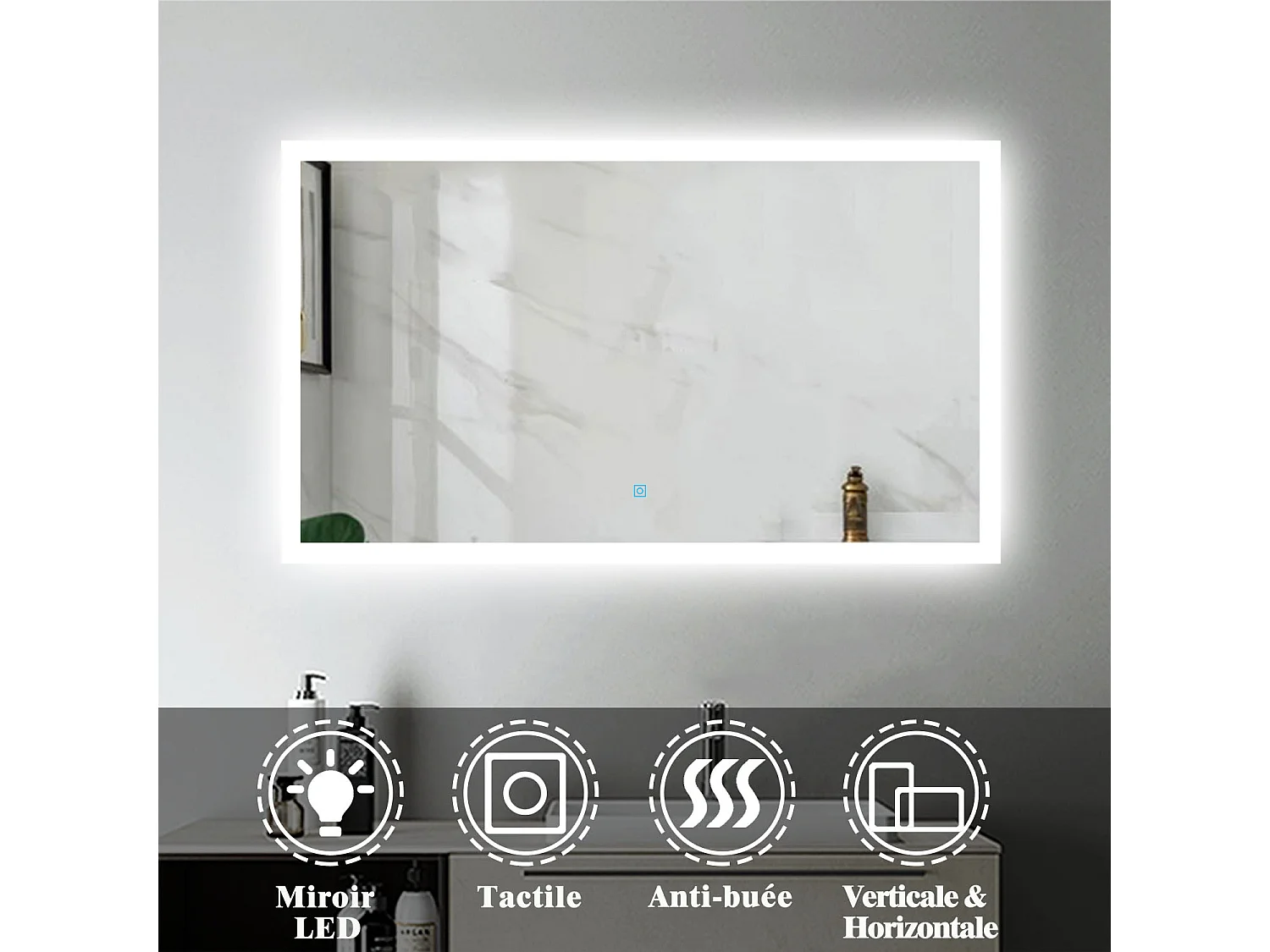 Miroir Lumineux LED Miroir de Salle de Bain Anti-buée Vertical/Horizontal 100 * 60cm Aica