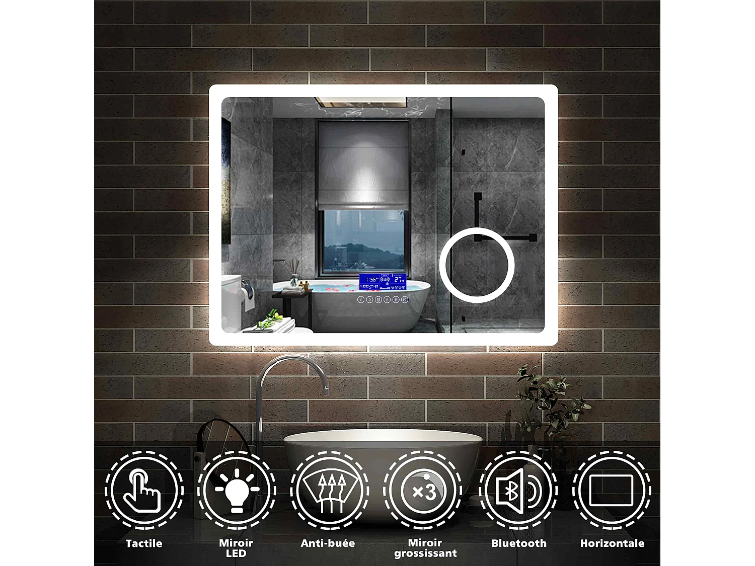 Miroir salle de bain 100x60cm LED réglable+antibuée+Bluetooth+Horloge+grossissant Aica