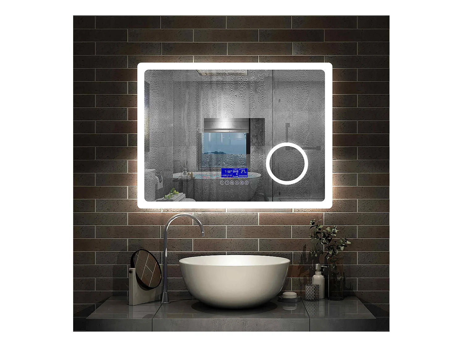 Miroir salle de bain 100x60cm LED réglable+antibuée+Bluetooth+Horloge+grossissant Aica