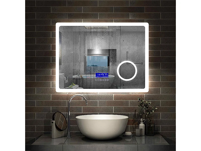 Miroir salle de bain 100x60cm LED réglable+antibuée+Bluetooth+Horloge+grossissant Aica