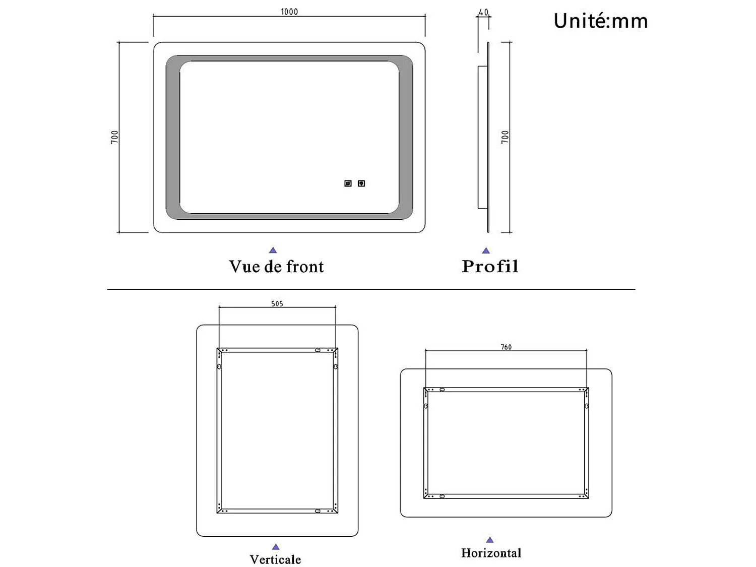 Miroir de Salle de Bain Anti-buée Miroir Lumineux LED à Double Contrôle 100 * 70cm Aica