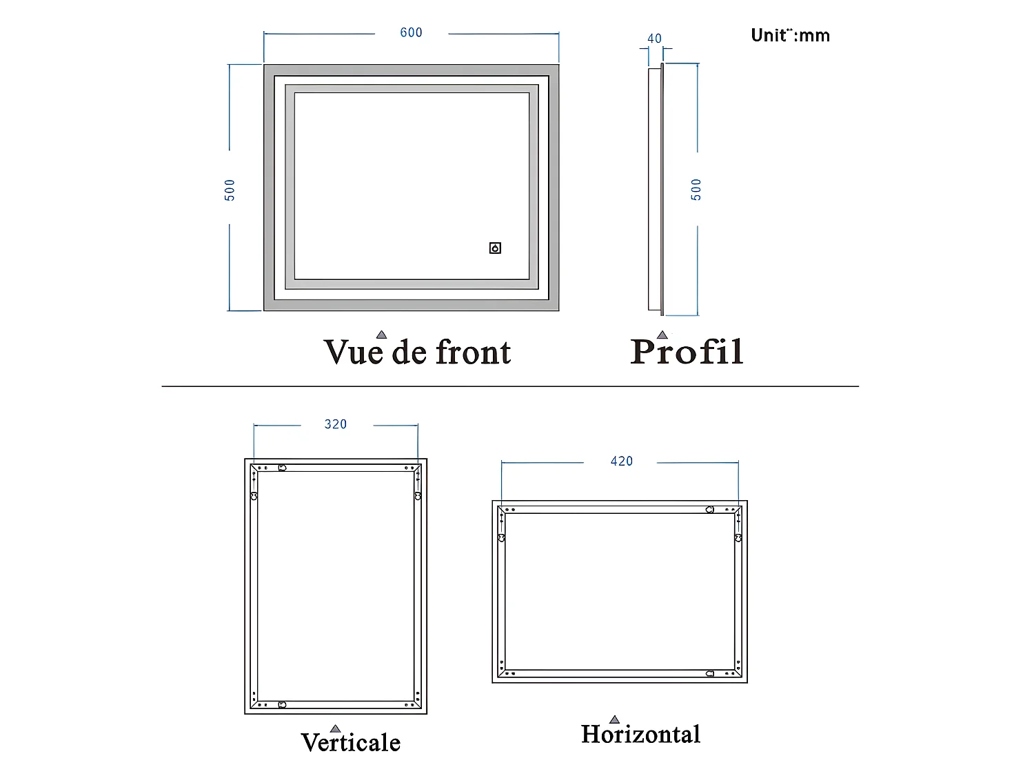 Miroir de Salle de Bain Miroir Lumineux LED Anti-buée Vertical / Horizontal 60*50cm Aica