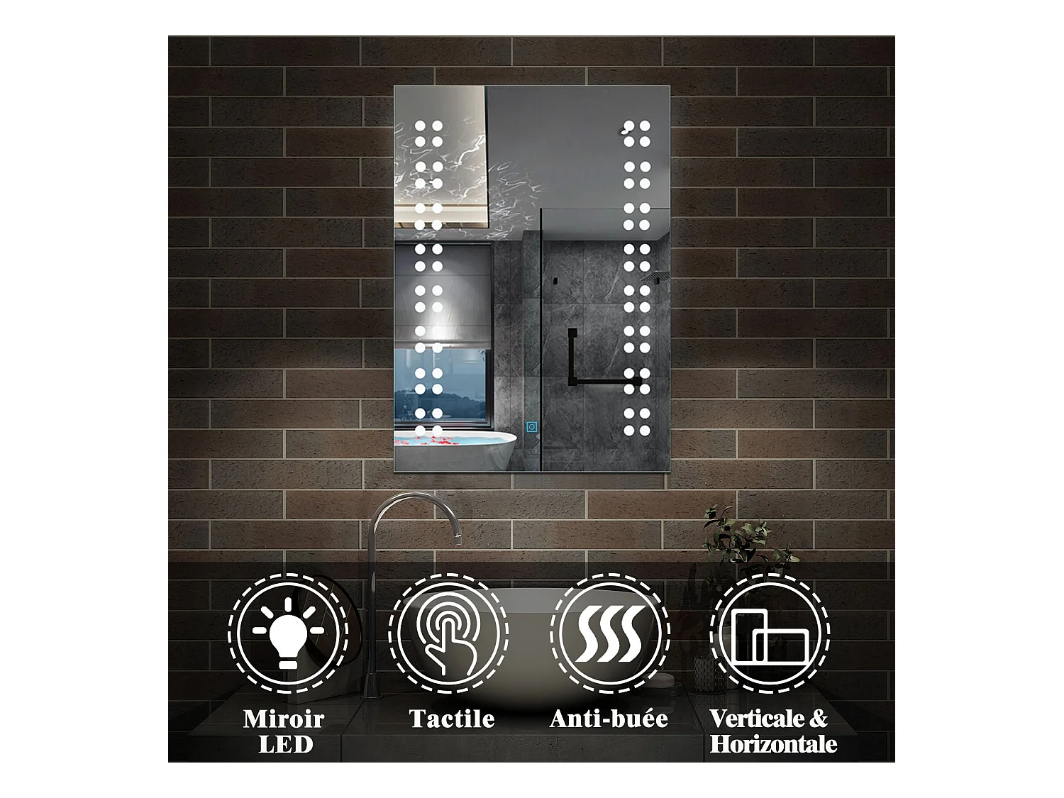 Miroir de Salle de Bain Anti-buée Miroir Lumineux LED Vertical ou Horizontal Blanc Froid + Interrupteur Tactile 50x70 cm