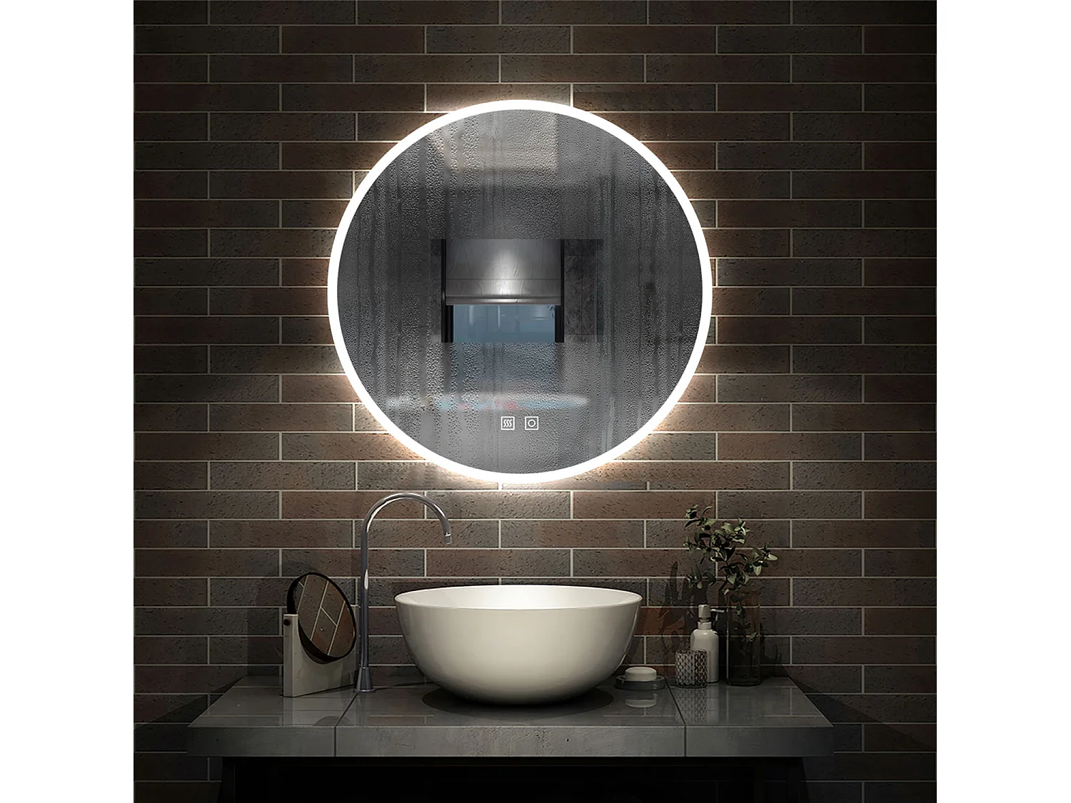 Miroir de Salle de Bain avec Anti-buée + 3 couleurs LED avec lumière et luminosité réglables Rond double interrupteur tactile ∅80cm