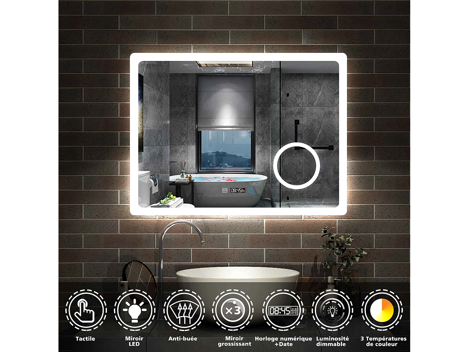 Miroir salle de bain 80x60cm avec 3 couleurs+dimmable+anti-buée+grossissant+Horloge Aica