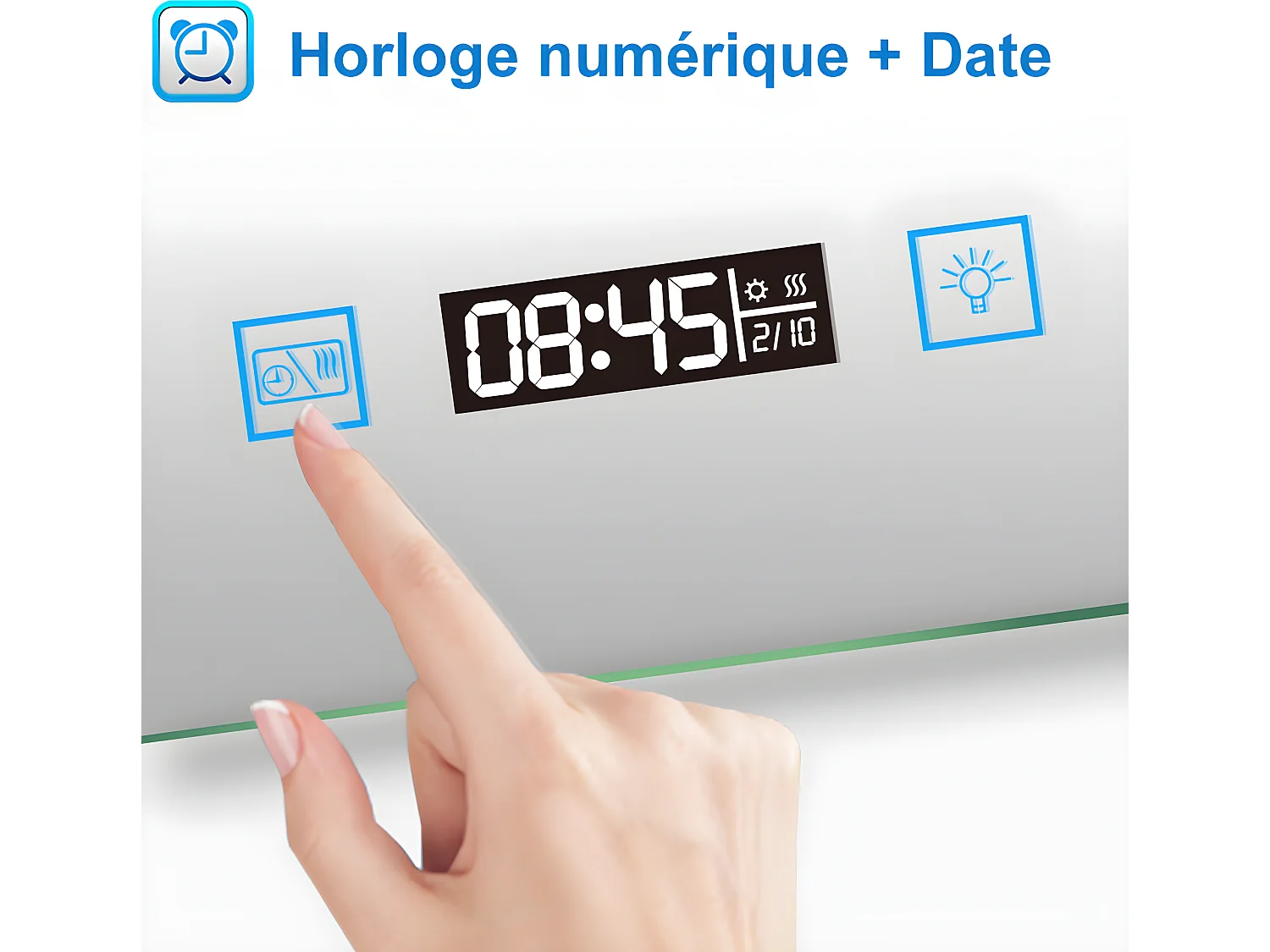 Miroir salle de bain 80x60cm avec 3 couleurs+dimmable+anti-buée+grossissant+Horloge Aica