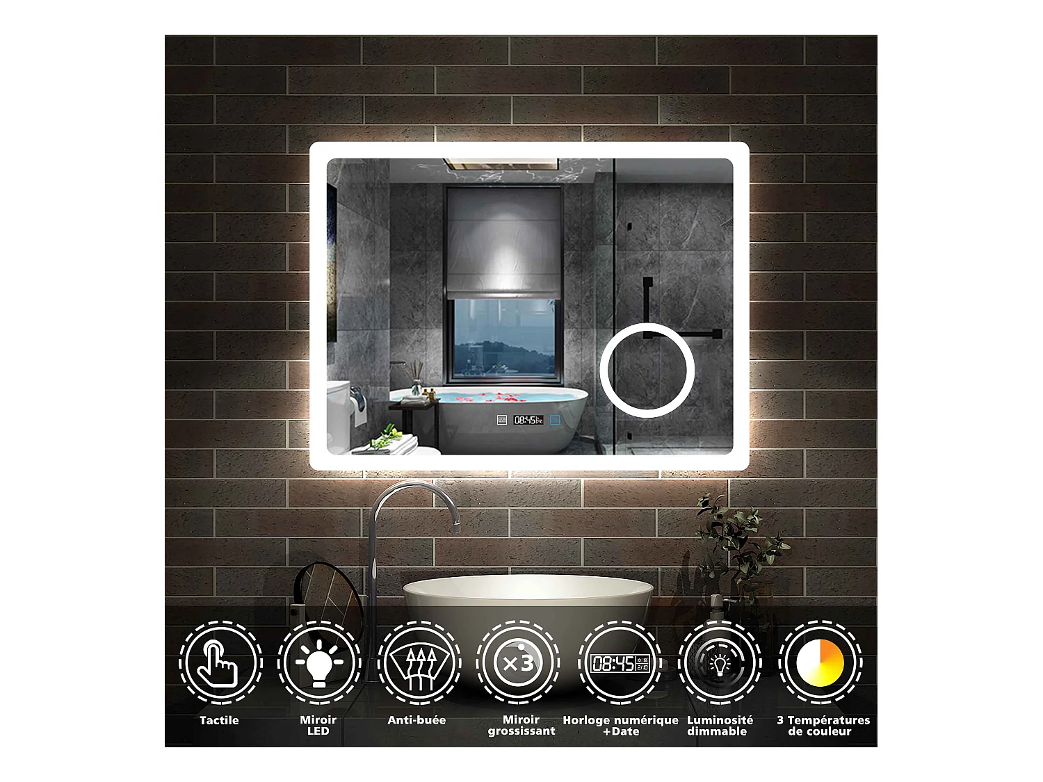 Miroir salle de bain 80x60cm avec 3 couleurs+dimmable+anti-buée+grossissant+Horloge Aica