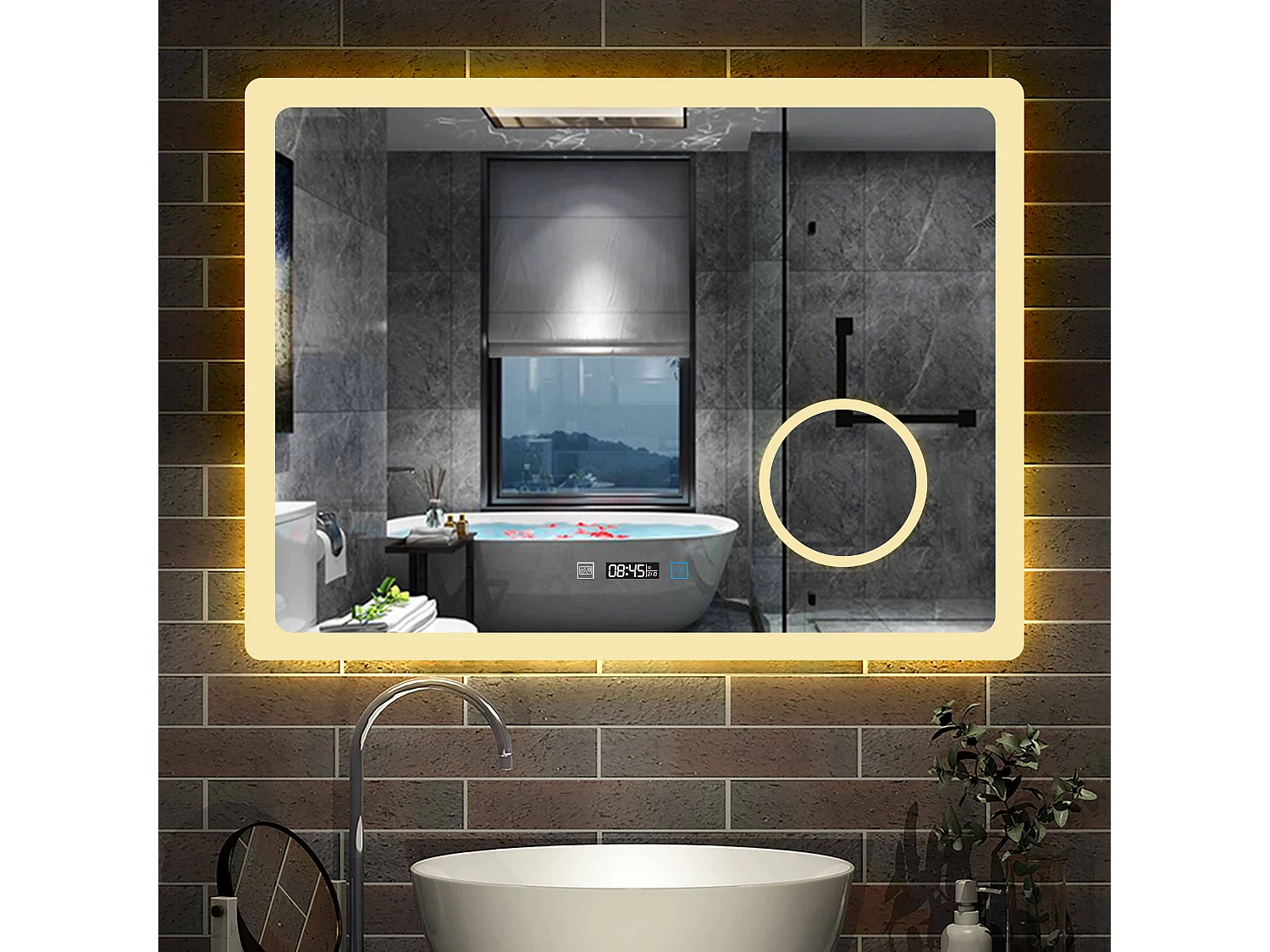 Miroir salle de bain 80x60cm avec 3 couleurs+dimmable+anti-buée+grossissant+Horloge Aica