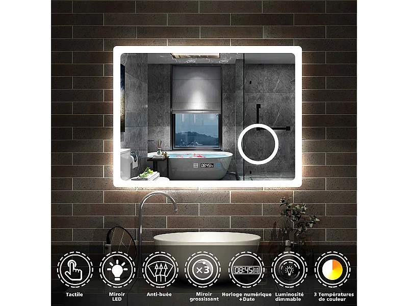Miroir salle de bain 80x60cm avec 3 couleurs+dimmable+anti-buée+grossissant+Horloge Aica