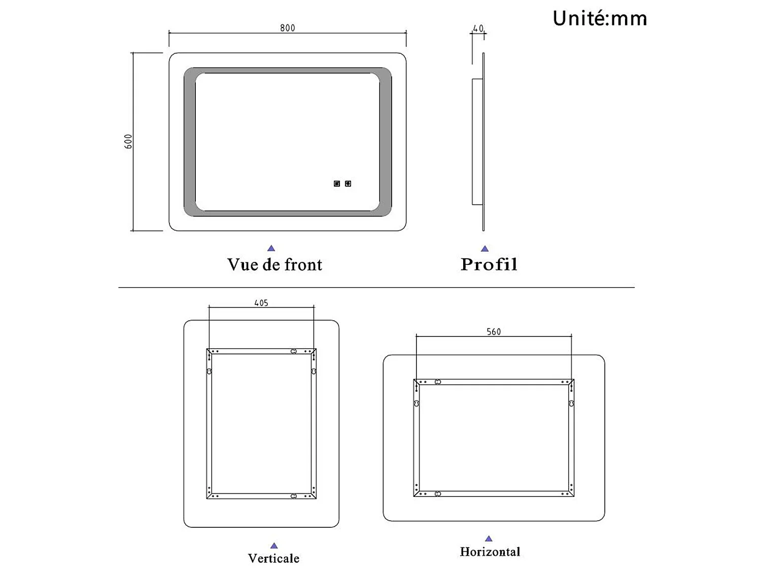 Miroir de Salle de Bain Anti-buée Miroir Lumineux LED à Double Contrôle 80 * 60cm  Aica