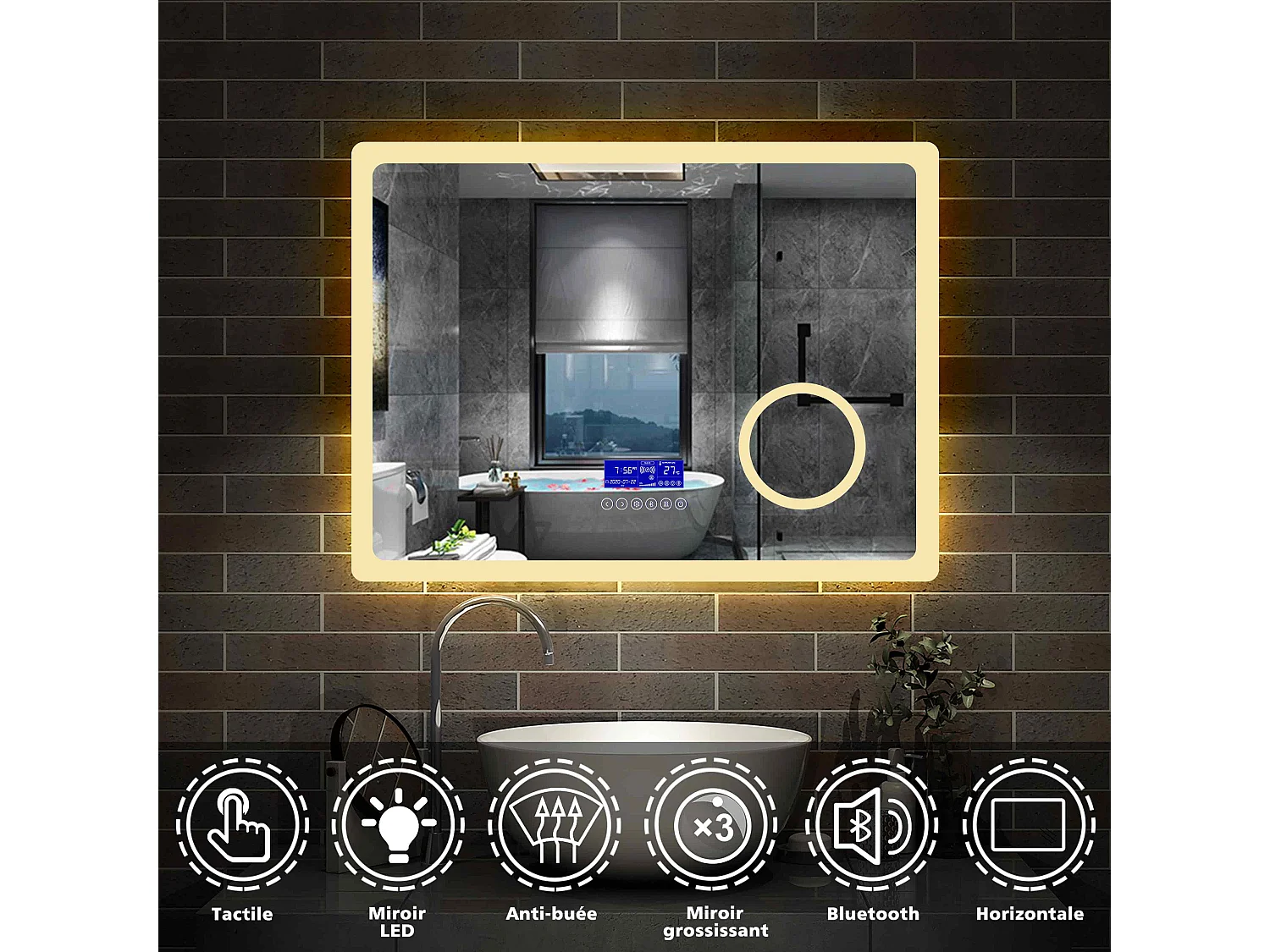 Miroir salle de bain 80x60cm LED réglable+antibuée+Bluetooth+Horloge+grossissant Aica