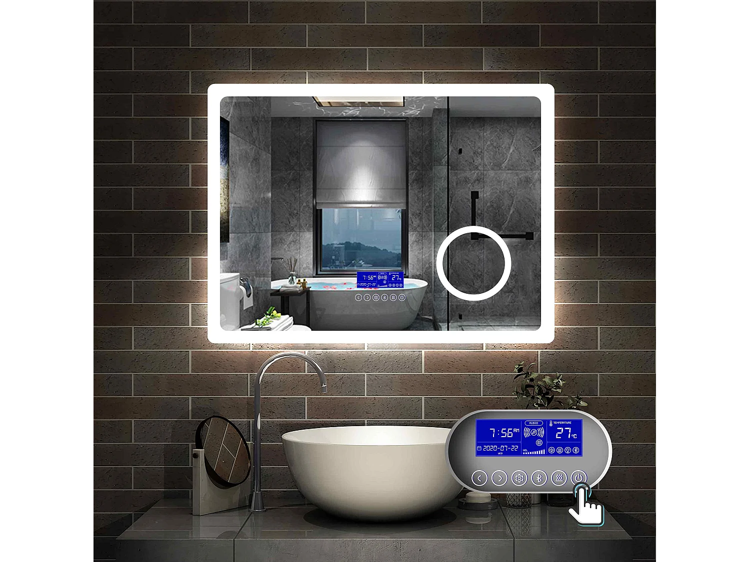Miroir salle de bain 80x60cm LED réglable+antibuée+Bluetooth+Horloge+grossissant Aica