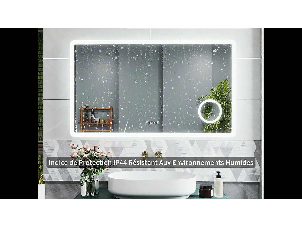 Miroir salle de bain 100x60cm avec 3 couleurs+dimmable+anti-buée+grossissant+Horloge Aica