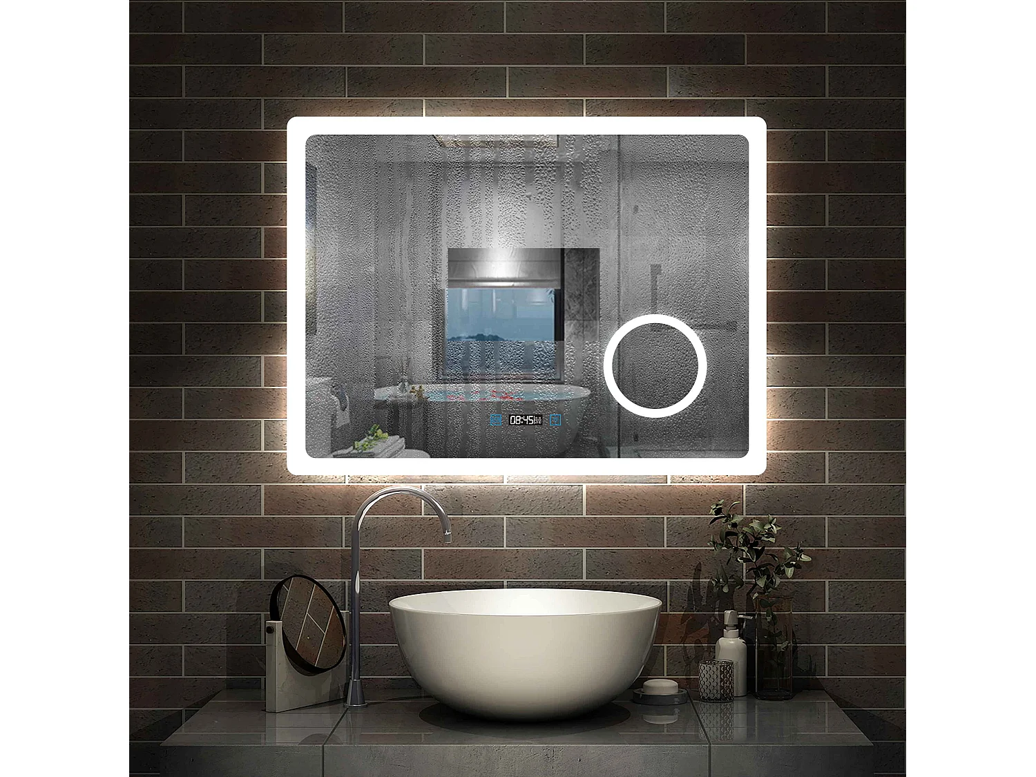 Miroir salle de bain 100x60cm avec 3 couleurs+dimmable+anti-buée+grossissant+Horloge Aica