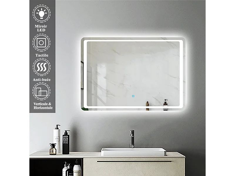 Miroir de Salle de Bain Anti-buée 70 * 50cm Miroir Lumineux LED Interrupteur Tactile Aica