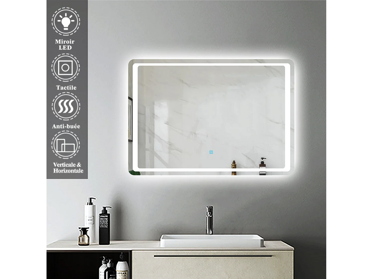 Miroir de Salle de Bain Anti-buée 70 * 50cm Miroir Lumineux LED Interrupteur Tactile Aica