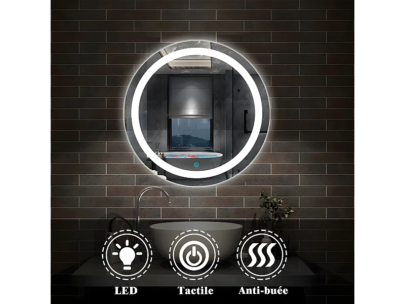 Miroir de Salle de Bain Rond Avec leds et Anti-buée Blanc Froid, ○ 60cm Aica