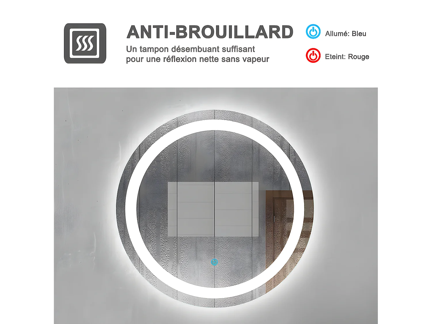 Miroir de Salle de Bain Rond Avec leds et Anti-buée Blanc Froid, ○ 60cm Aica
