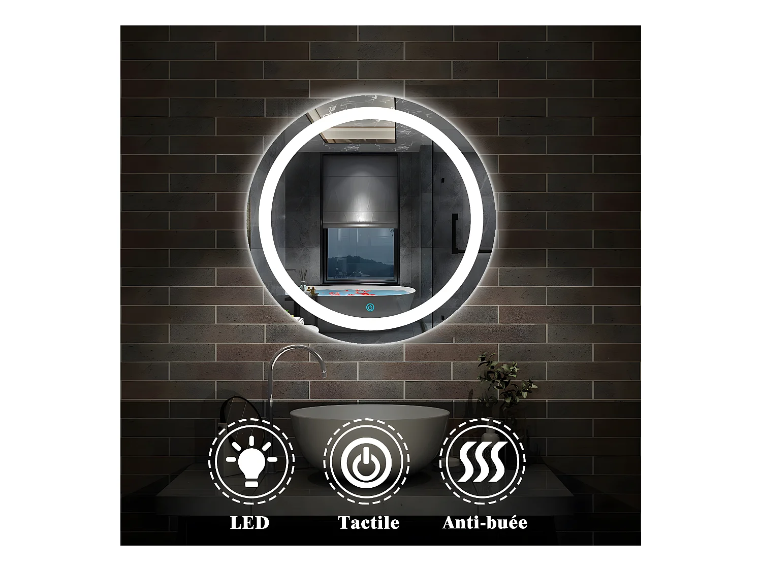 Miroir de Salle de Bain Rond Avec leds et Anti-buée Blanc Froid, ○ 60cm Aica
