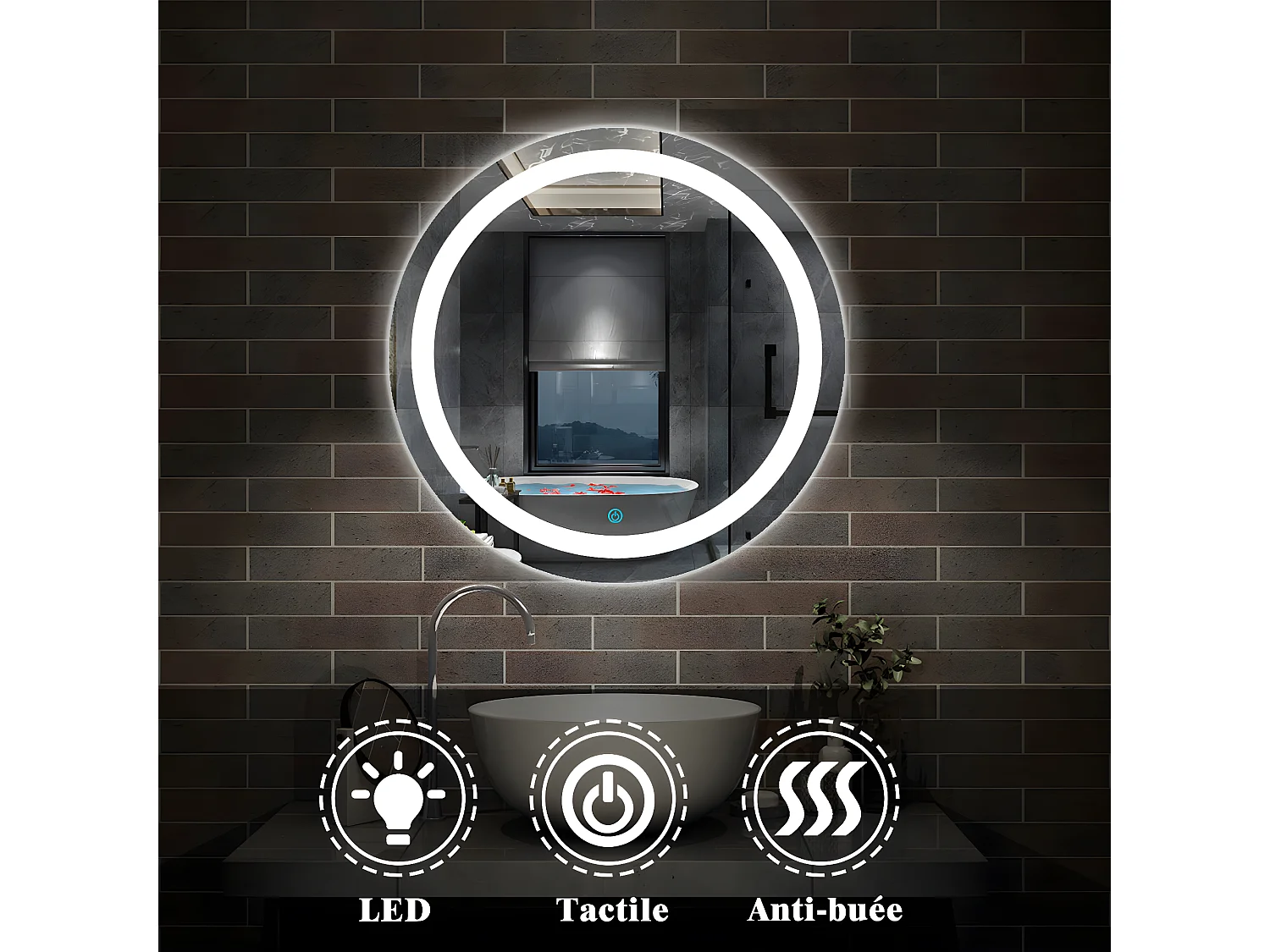 Miroir de Salle de Bain Rond Avec leds et Anti-buée Blanc Froid, ○ 60cm Aica