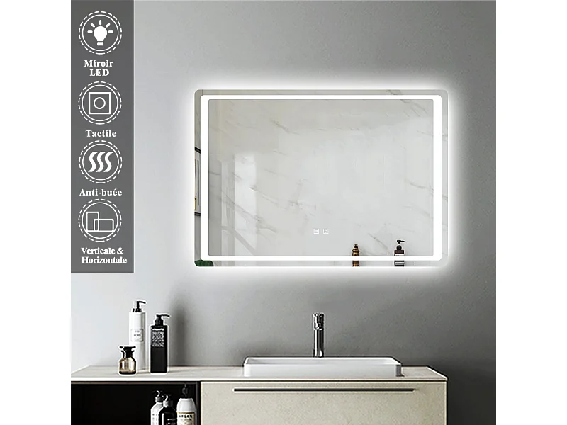 Miroir de Salle de Bain Anti-buée Miroir Lumineux LED à Double Contrôle 100 * 60cm Aica
