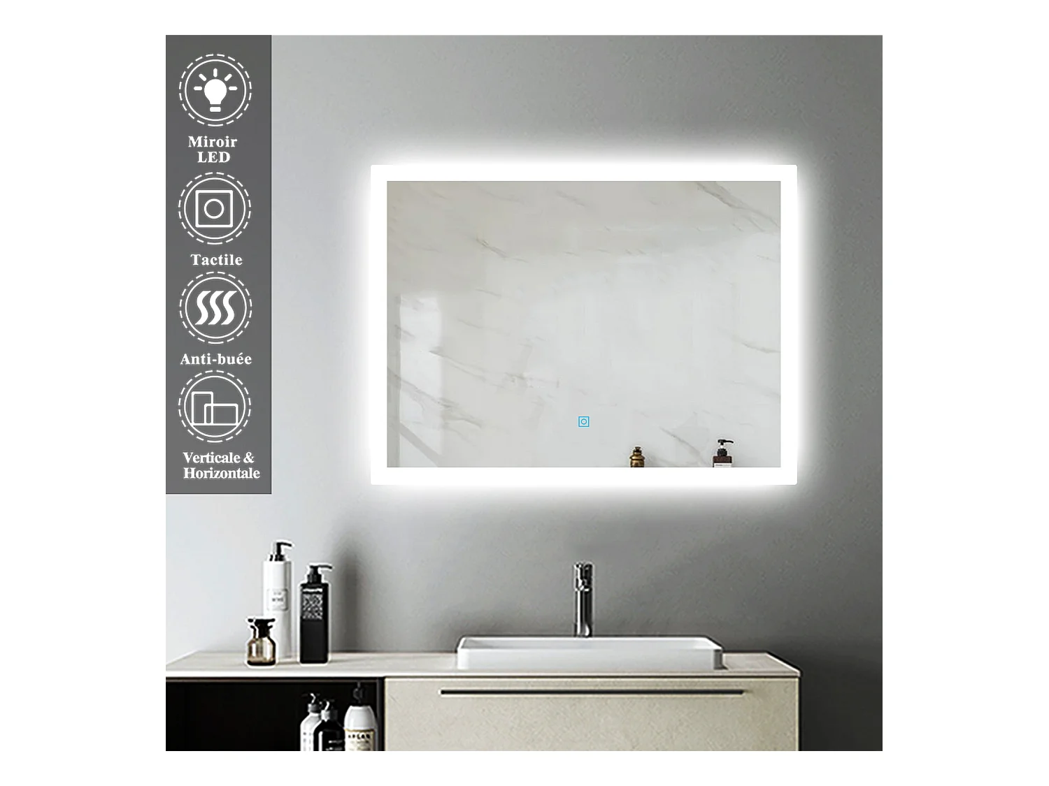 Miroir Lumineux LED Miroir de Salle de Bain Anti-buée Vertical/Horizontal 70 * 50cm Aica