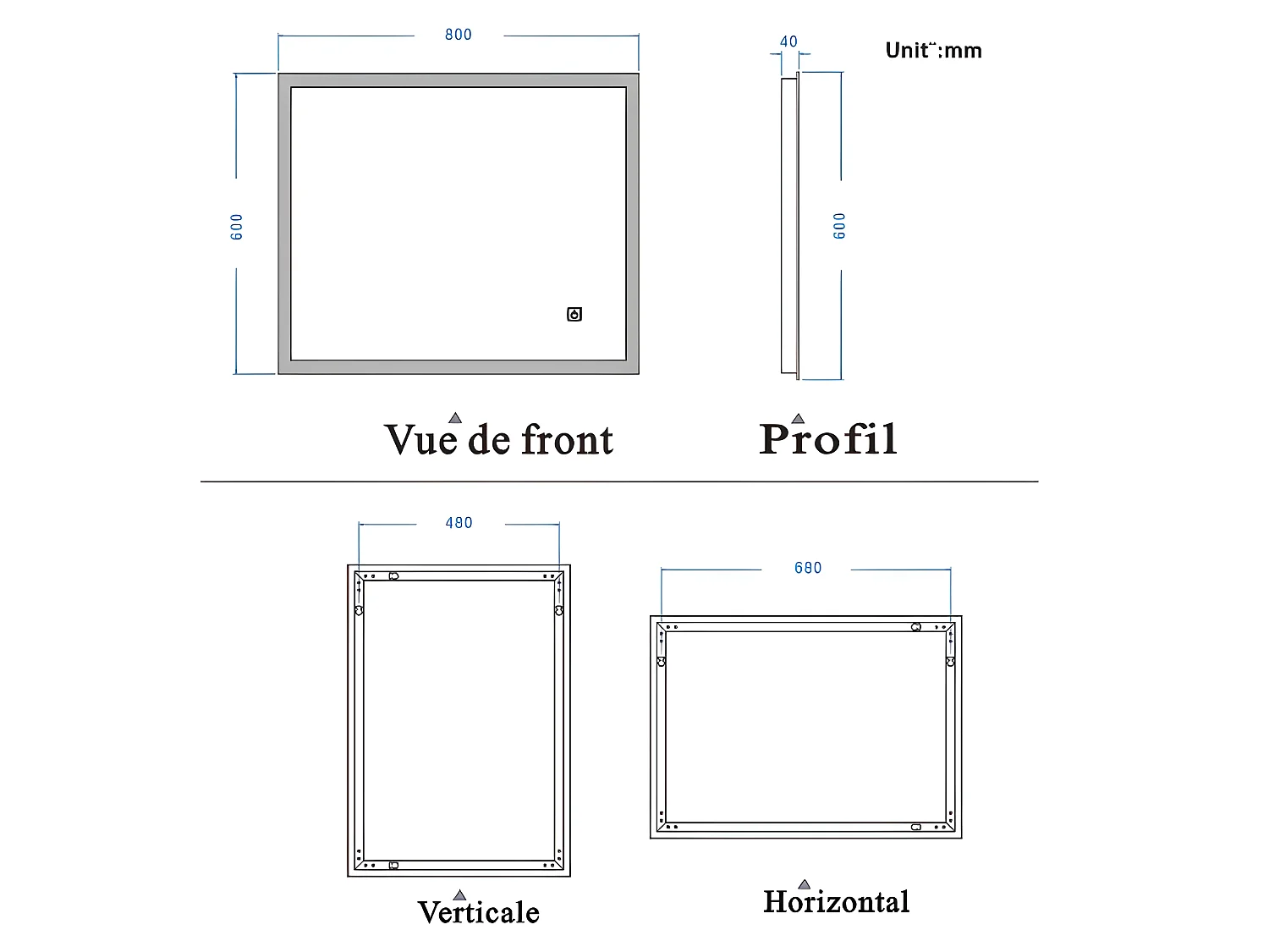 Miroir Lumineux LED Miroir de Salle de Bain Anti-buée Vertical/Horizontal 70 * 50cm Aica