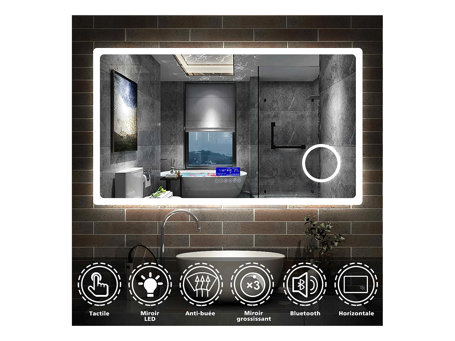 Miroir salle de bain 160x80cm LED réglable+antibuée+Bluetooth+Horloge+grossissant Aica