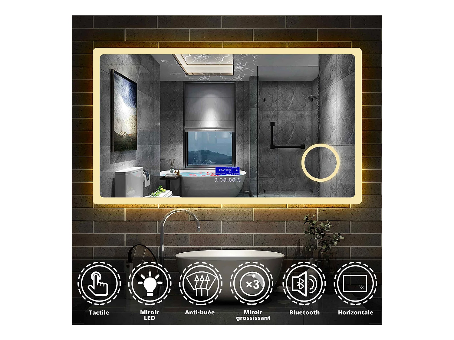 Miroir salle de bain 160x80cm LED réglable+antibuée+Bluetooth+Horloge+grossissant Aica