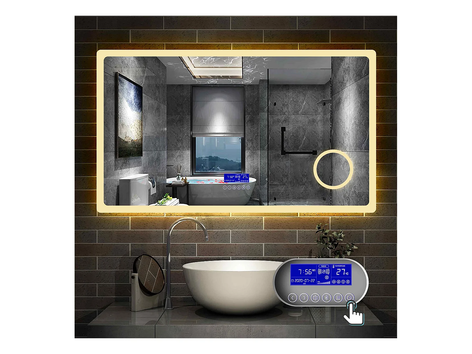 Miroir salle de bain 160x80cm LED réglable+antibuée+Bluetooth+Horloge+grossissant Aica