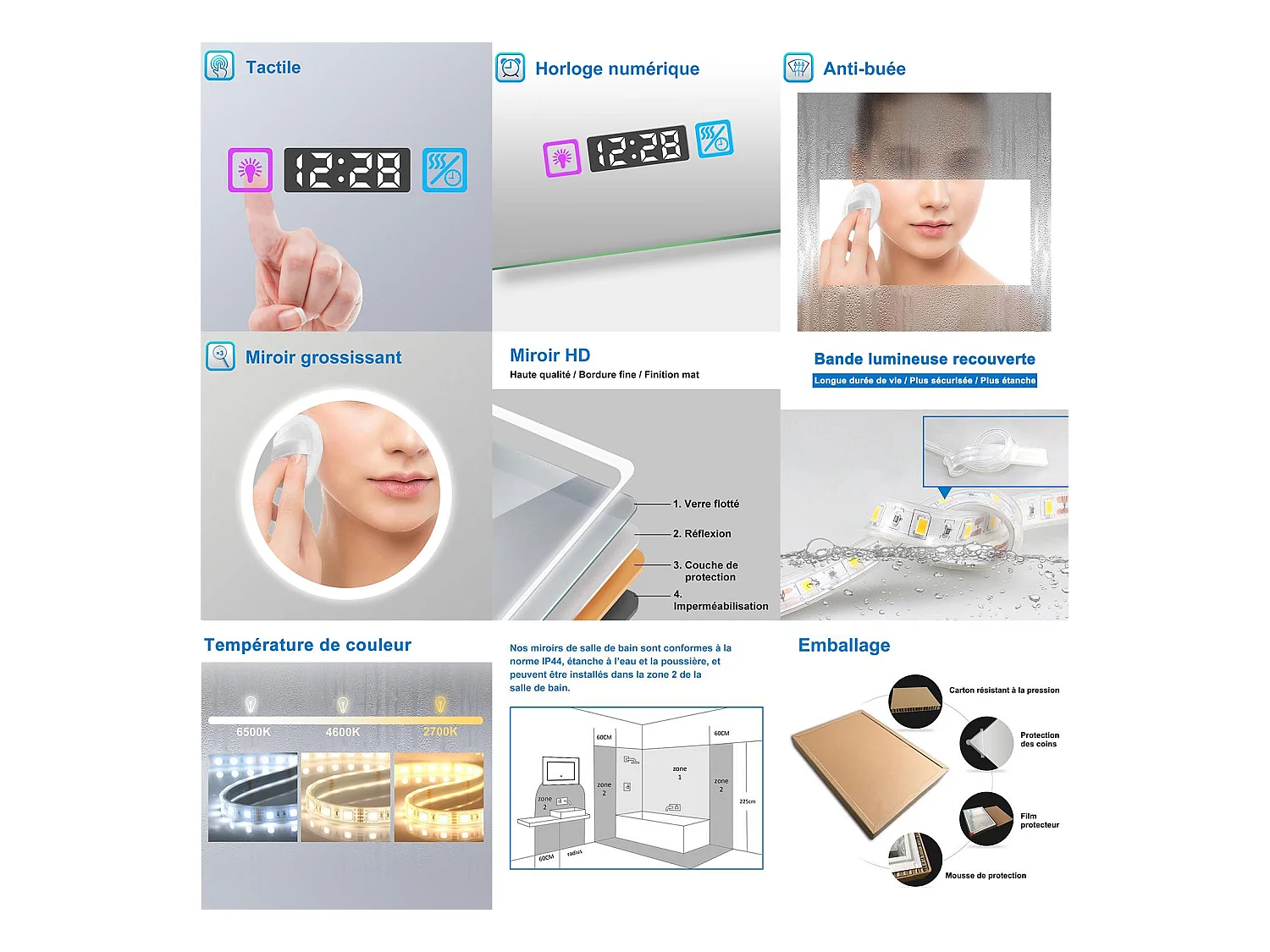 Miroir salle de bain 160x80cm LED réglable+antibuée+Bluetooth+Horloge+grossissant Aica