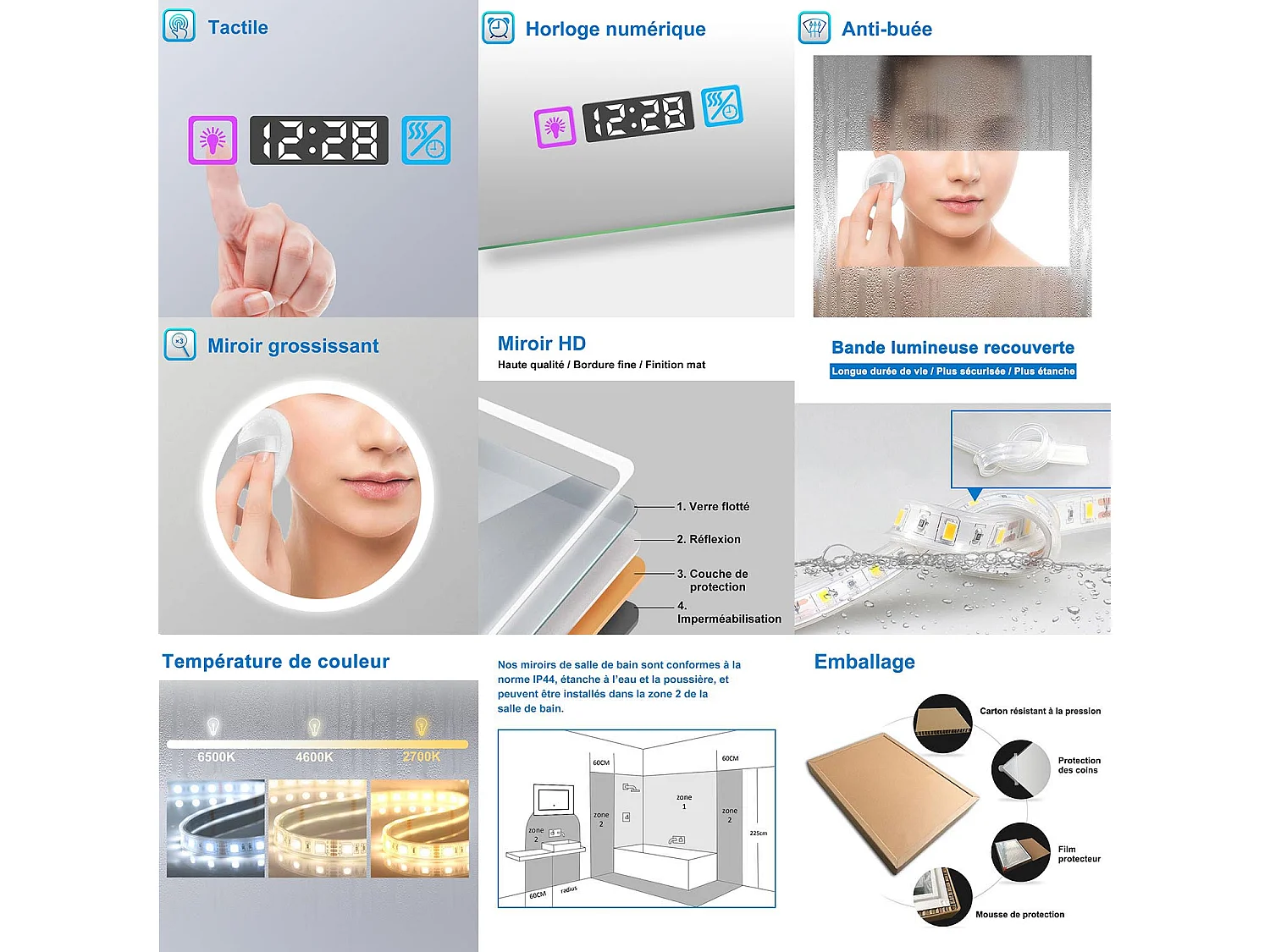 Miroir salle de bain 160x80cm LED réglable+antibuée+Bluetooth+Horloge+grossissant Aica