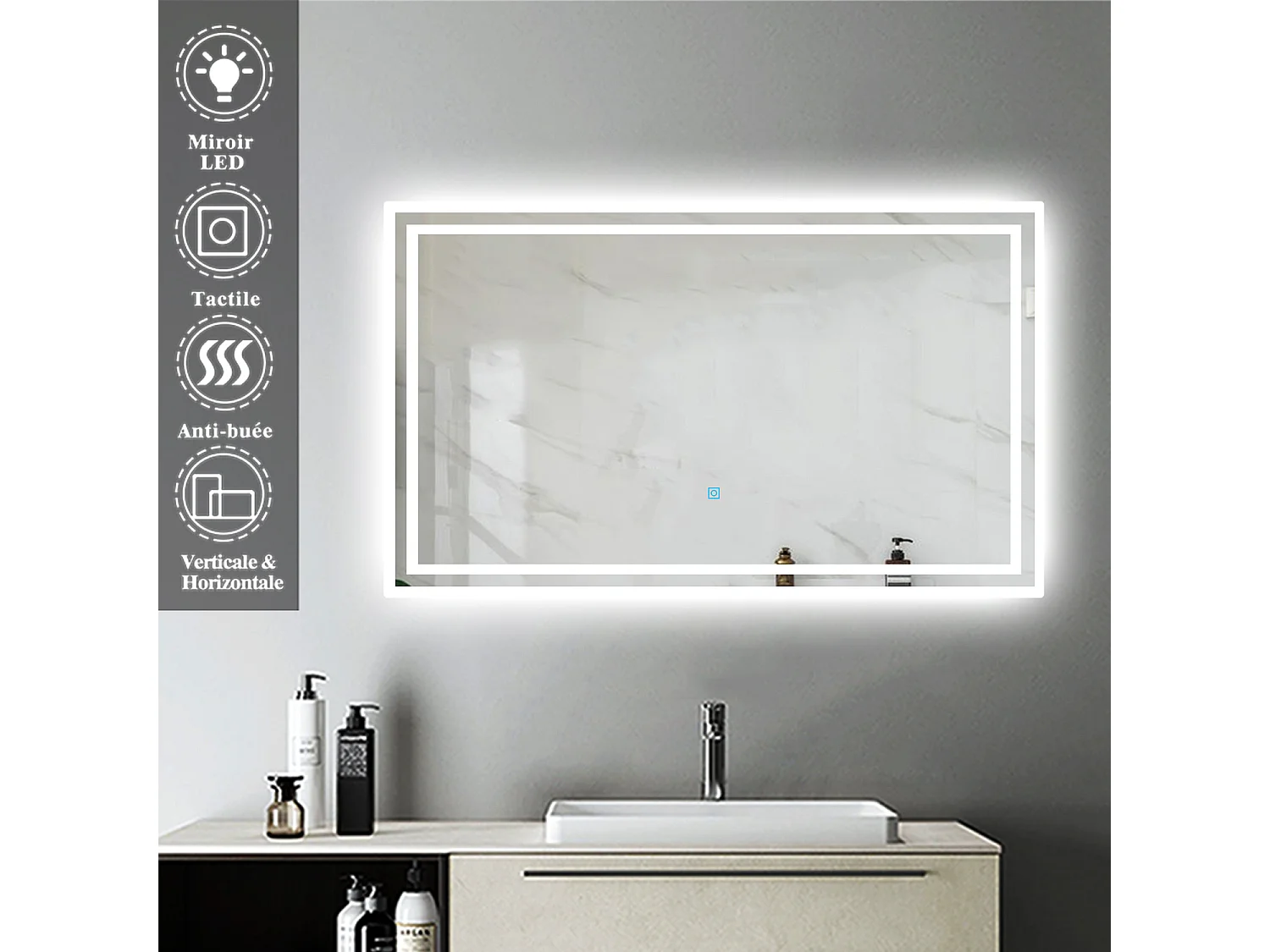 Miroir de Salle de Bain Anti-buée Miroir Lumineux LED Vertical ou Horizontal Blanc Froid + Interrupteur Tactile 90x70 cm