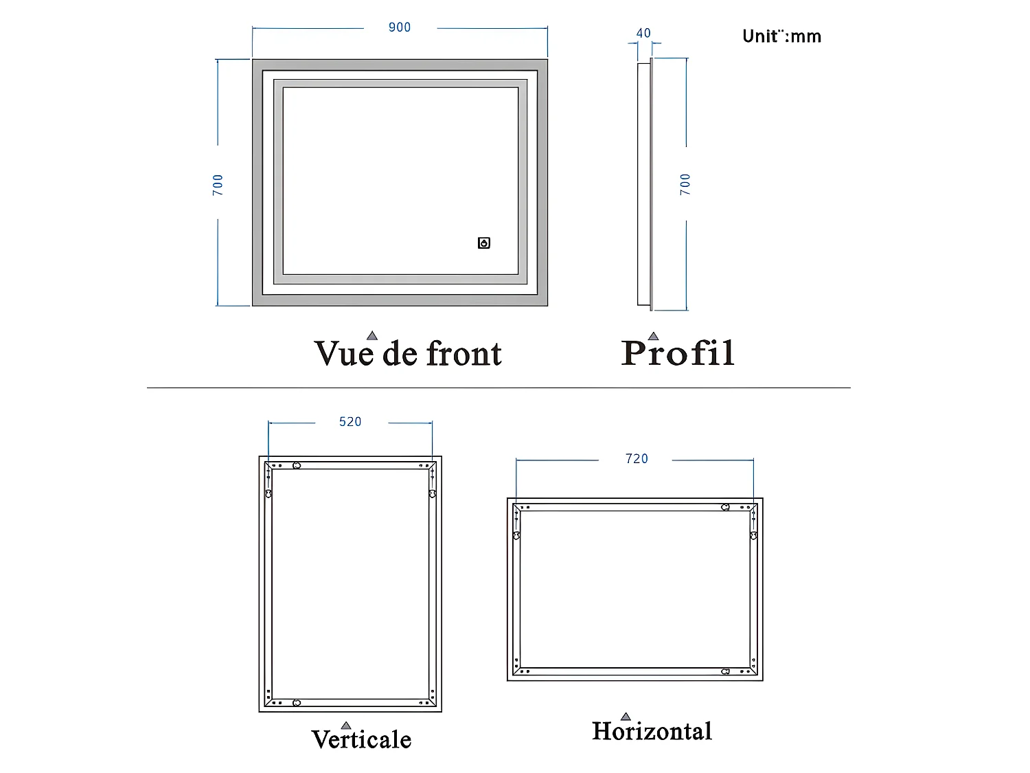 Miroir de Salle de Bain Anti-buée Miroir Lumineux LED Vertical ou Horizontal Blanc Froid + Interrupteur Tactile 90x70 cm