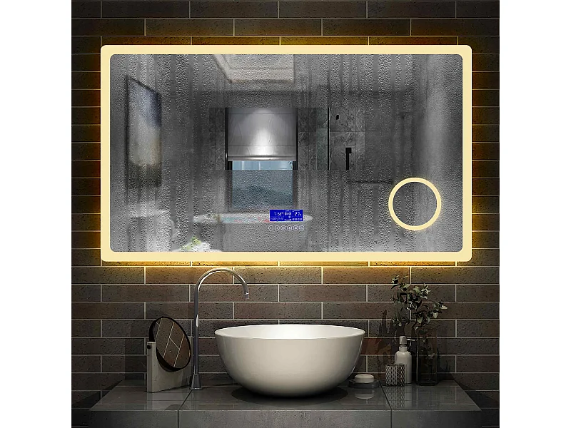 Miroir salle de bain 120x70cm LED réglable+antibuée+Bluetooth+Horloge+grossissant Aica
