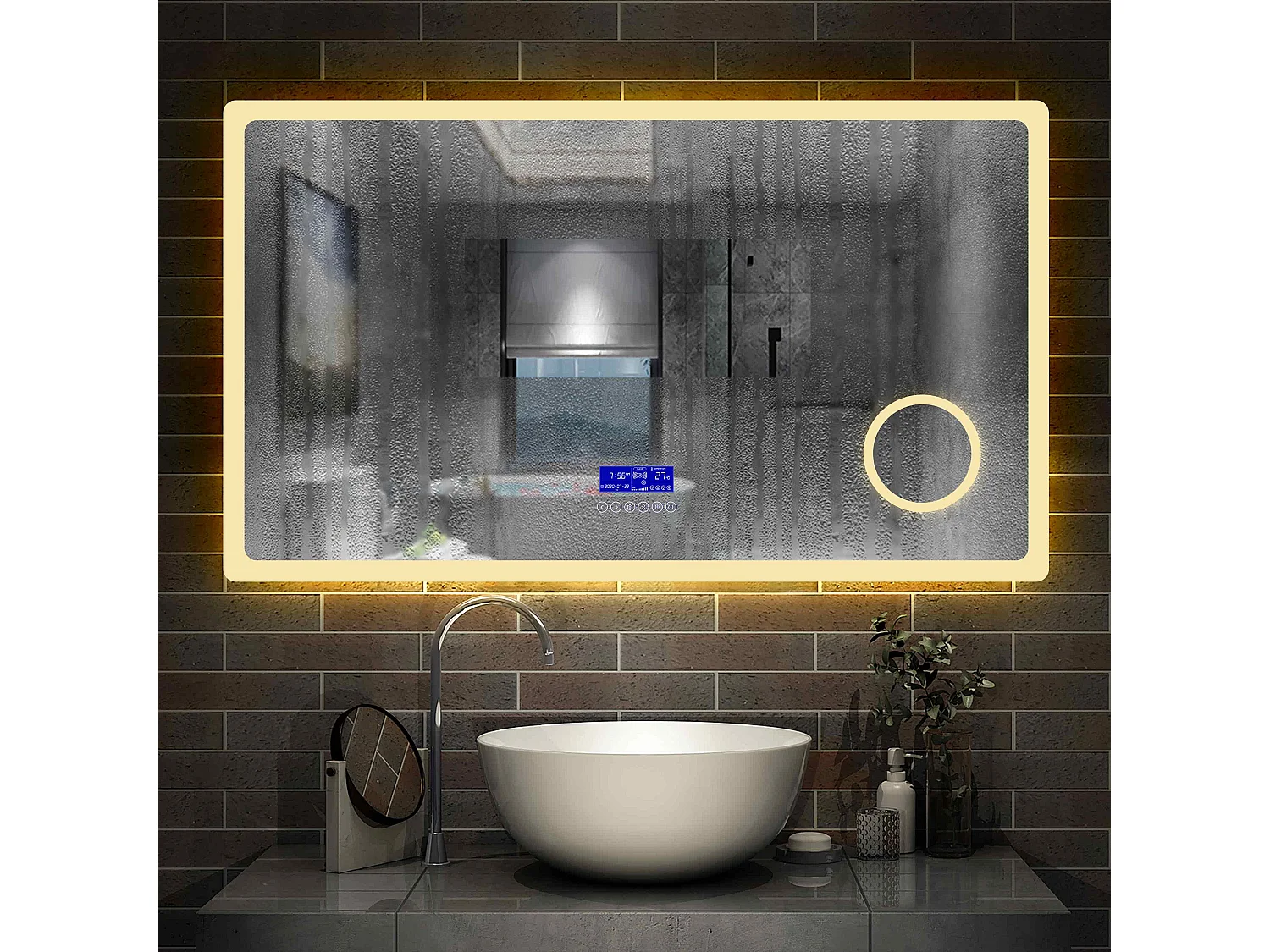 Miroir salle de bain 120x70cm LED réglable+antibuée+Bluetooth+Horloge+grossissant Aica