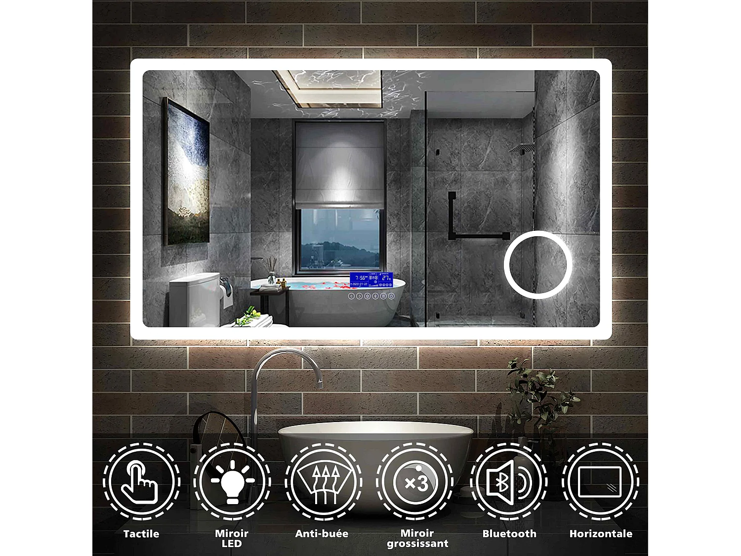 Miroir salle de bain 120x70cm LED réglable+antibuée+Bluetooth+Horloge+grossissant Aica