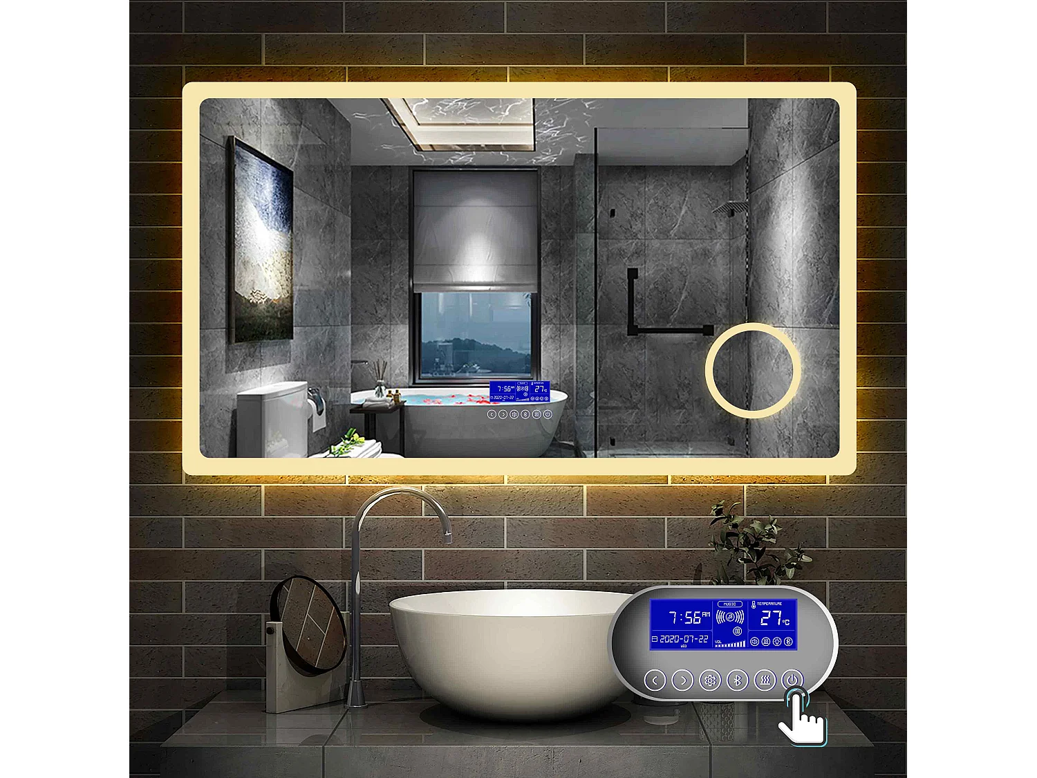Miroir salle de bain 120x70cm LED réglable+antibuée+Bluetooth+Horloge+grossissant Aica