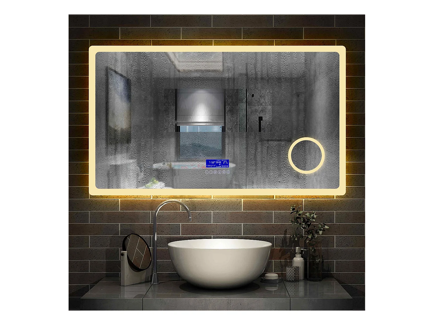 Miroir salle de bain 120x70cm LED réglable+antibuée+Bluetooth+Horloge+grossissant Aica
