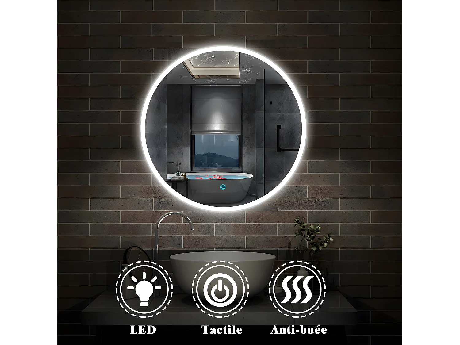 Miroir de Salle de Bain Rond Avec LED et Anti-buée Blanc Froid (6000K) 60cm Aica