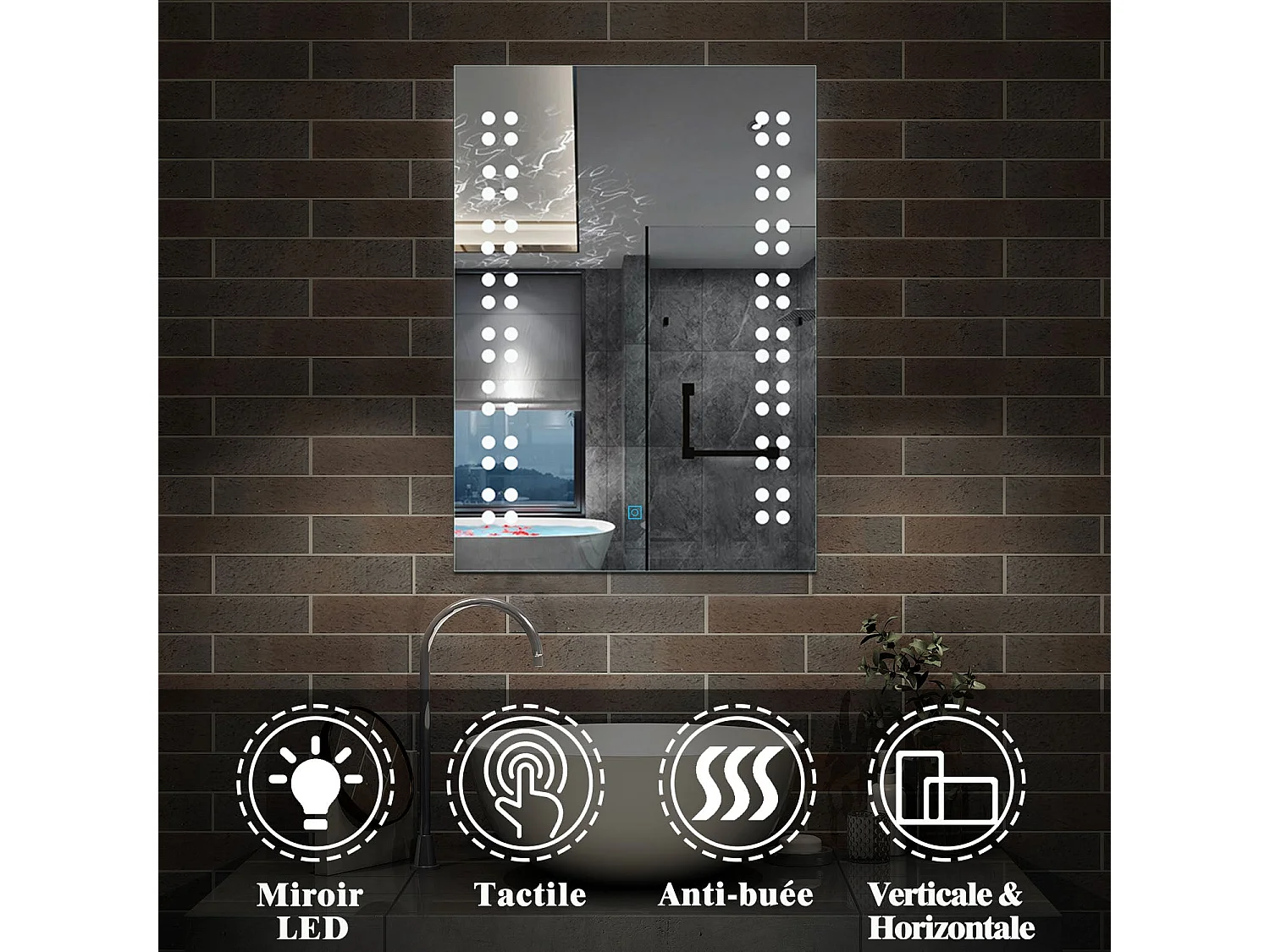 Miroir Lumineux Miroir de Salle de Bain Anti-buée LED Miroir Mural 45 * 60cm Aica